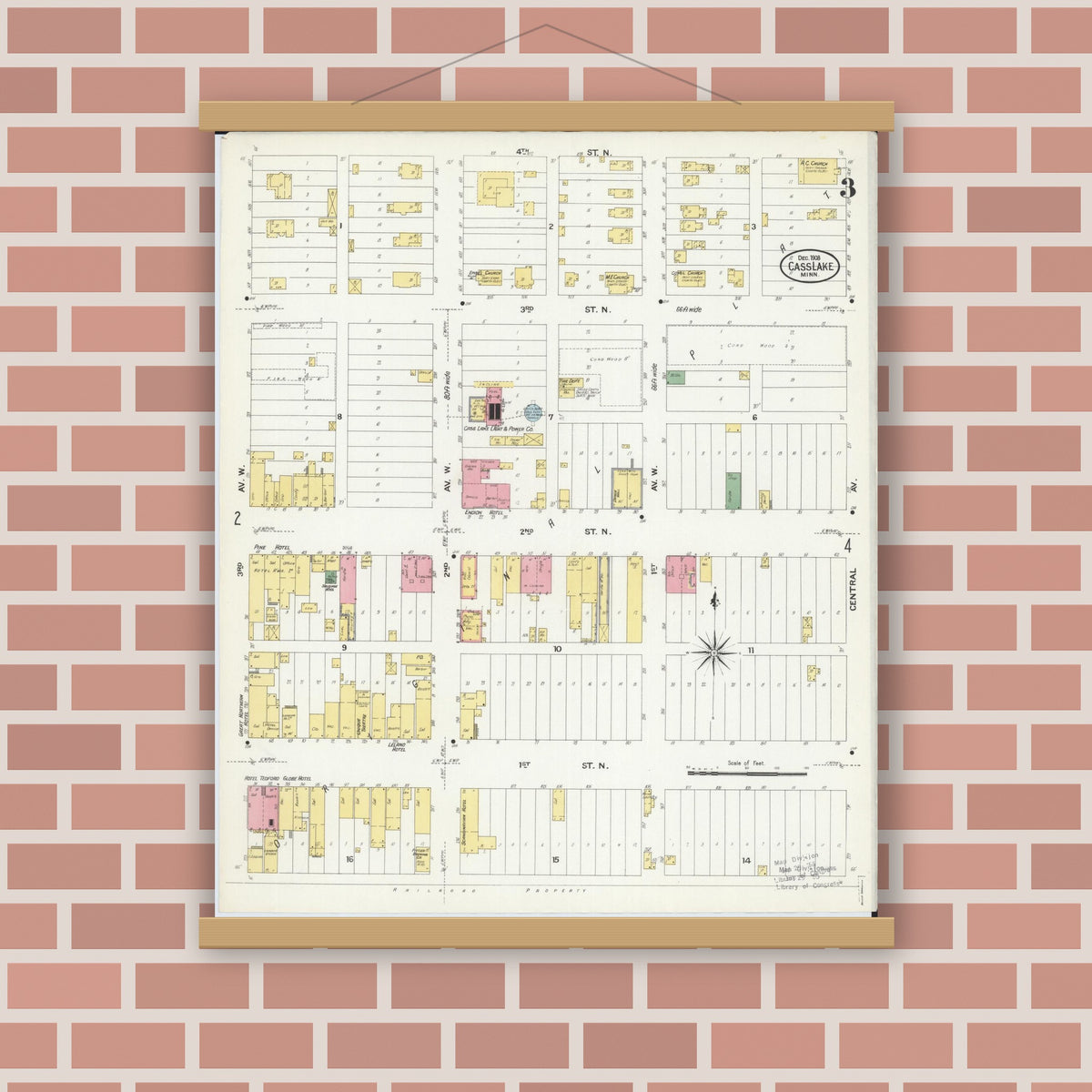 Old map wall art mockup — magnetic wood frame on brick wall — Sanborn Fire Insurance Map from Cass Lake, Cass County, Minnesota (1908), Sheet #0003