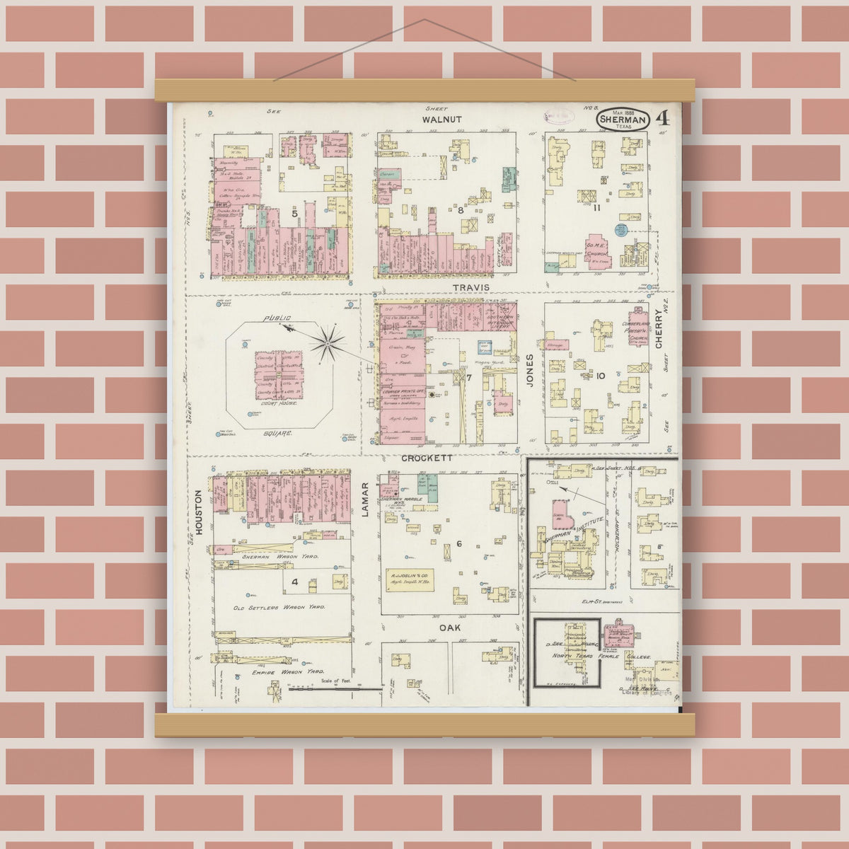 Old map wall art mockup — magnetic wood frame on brick wall — Sanborn Fire Insurance Map from Sherman, Grayson County, Texas (1888), Sheet #0004