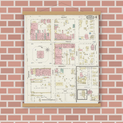 Old map wall art mockup — magnetic wood frame on brick wall — Sanborn Fire Insurance Map from Sherman, Grayson County, Texas (1888), Sheet #0004