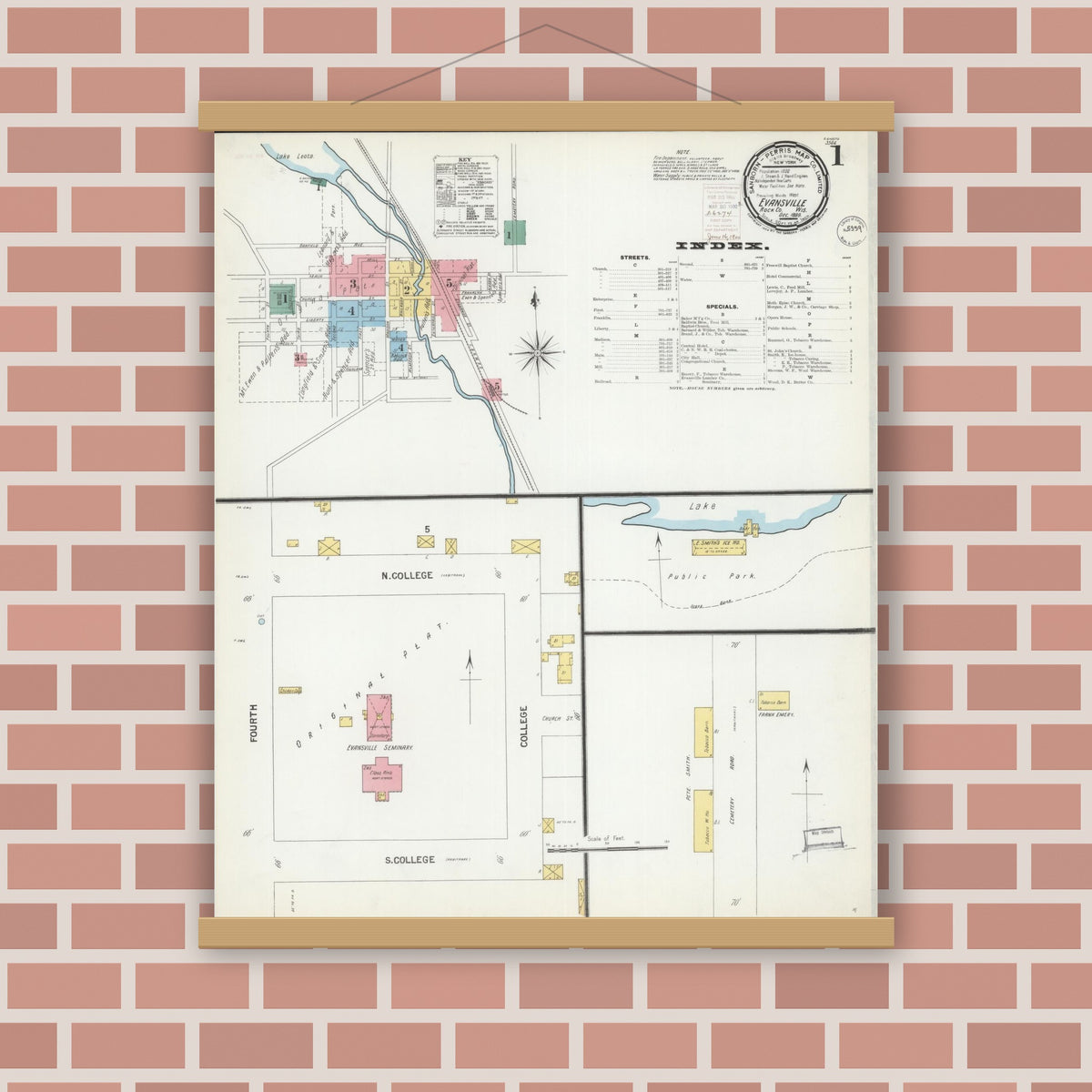 Old map wall art mockup — magnetic wood frame on brick wall — Sanborn Fire Insurance Map from Evansville, Rock County, Wisconsin (1899), Sheet #0001