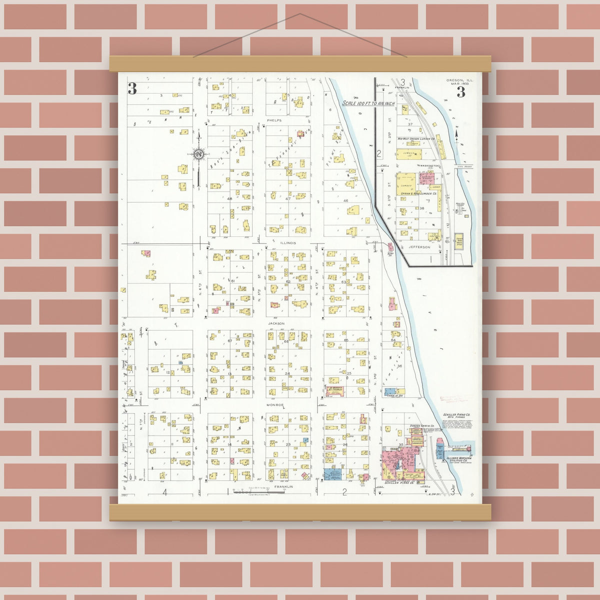 Old map wall art mockup — magnetic wood frame on brick wall — Sanborn Fire Insurance Map from Oregon, Ogle County, Illinois (1933), Sheet #0003
