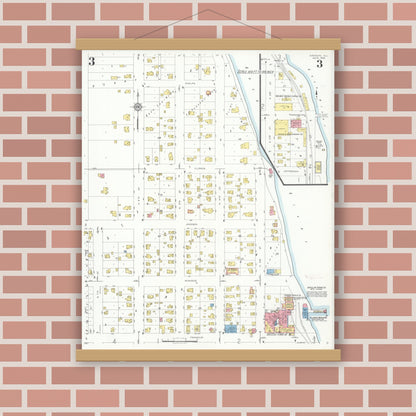 Old map wall art mockup — magnetic wood frame on brick wall — Sanborn Fire Insurance Map from Oregon, Ogle County, Illinois (1933), Sheet #0003