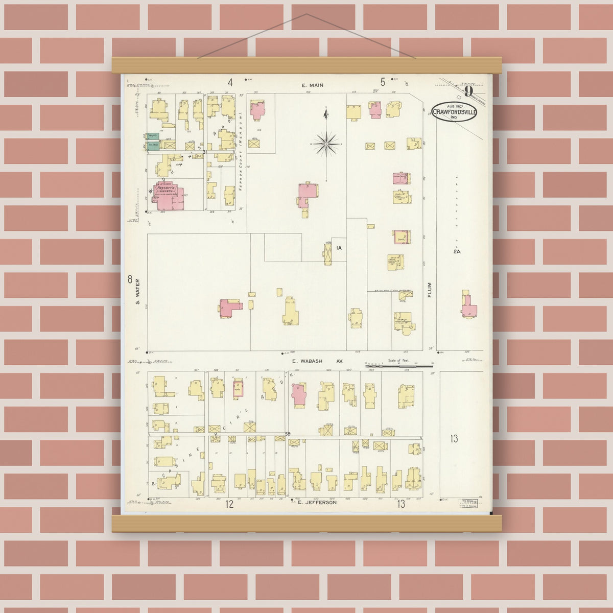 Old map wall art mockup — magnetic wood frame on brick wall — Sanborn Fire Insurance Map from Crawfordsville, Montgomery County, Indiana (1907), Sheet #0009