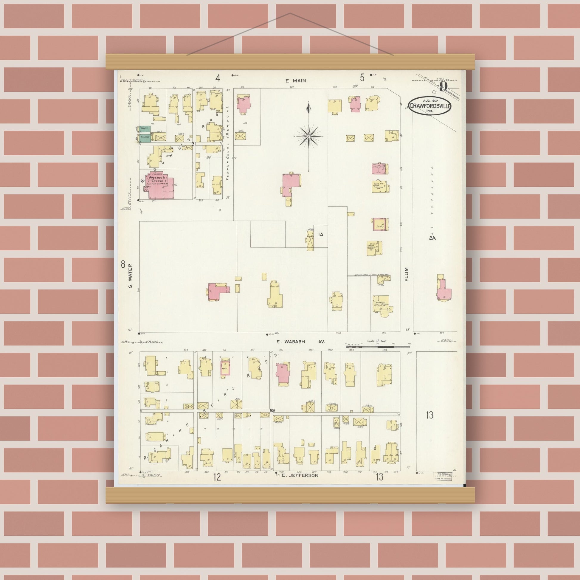 Old map wall art mockup — magnetic wood frame on brick wall — Sanborn Fire Insurance Map from Crawfordsville, Montgomery County, Indiana (1907), Sheet #0009