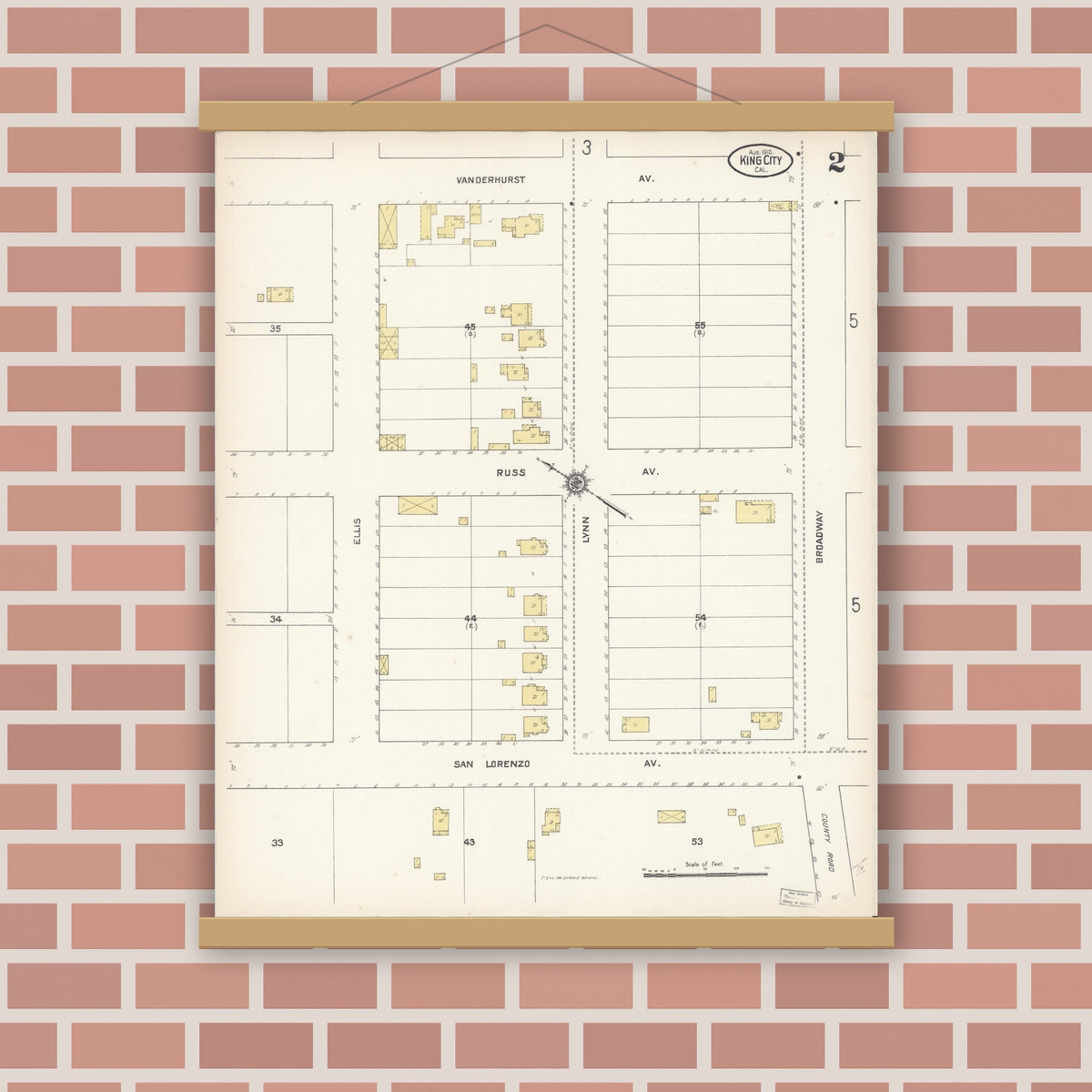 Old map wall art mockup — magnetic wood frame on brick wall — Sanborn Fire Insurance Map from King City, Monterey County, California (1910), Sheet #0002