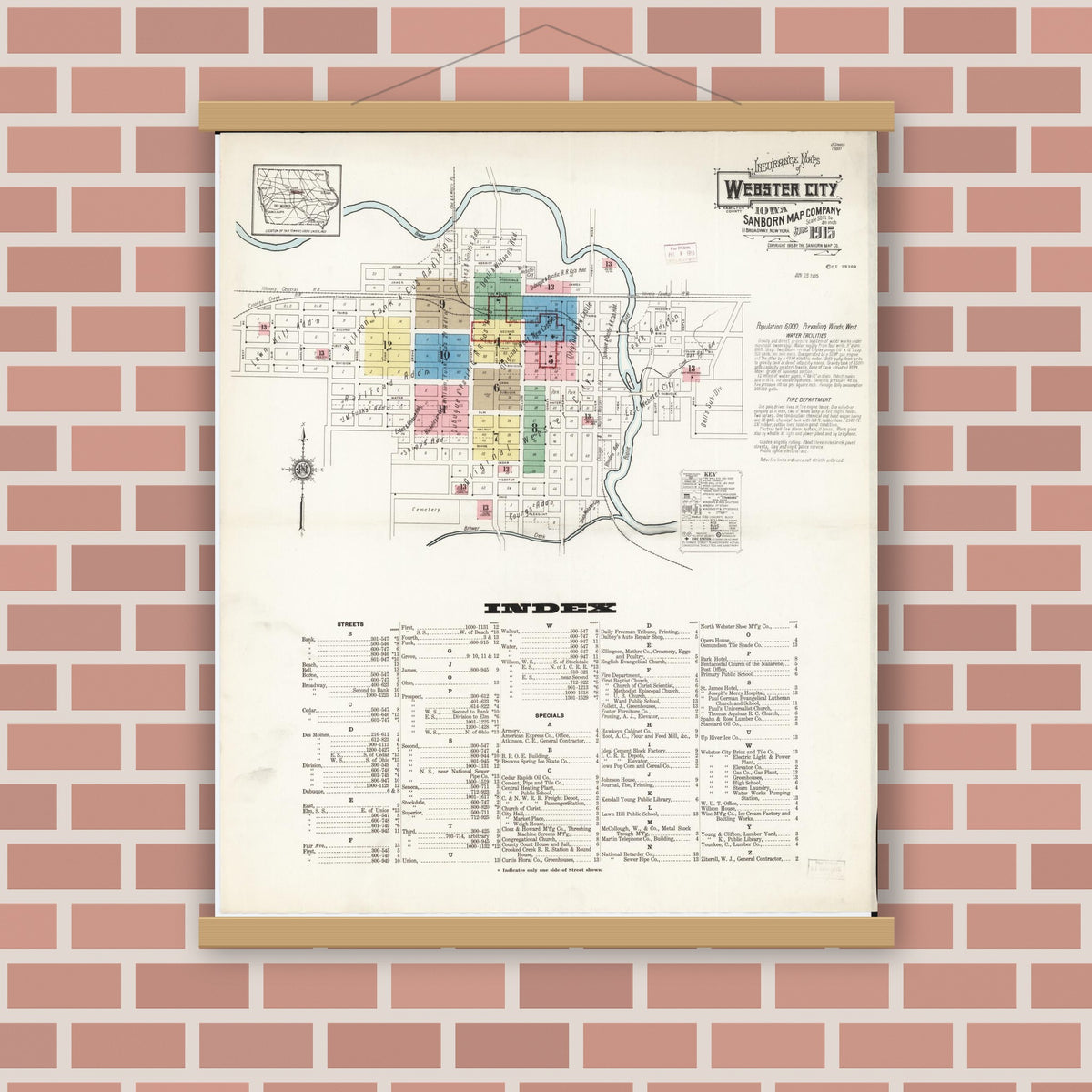 Old map wall art mockup — magnetic wood frame on brick wall — Sanborn Fire Insurance Map from Webster City, Hamilton County, Iowa (1915) â€” Complete Set