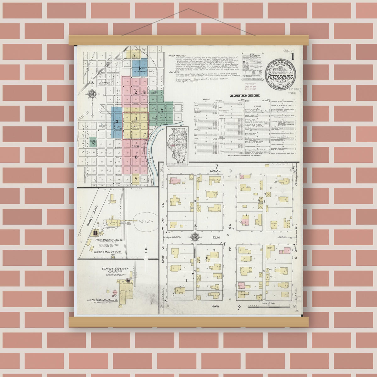 Old map wall art mockup — magnetic wood frame on brick wall — Sanborn Fire Insurance Map from Petersburg, Menard County, Illinois (1914) - Complete Map Set