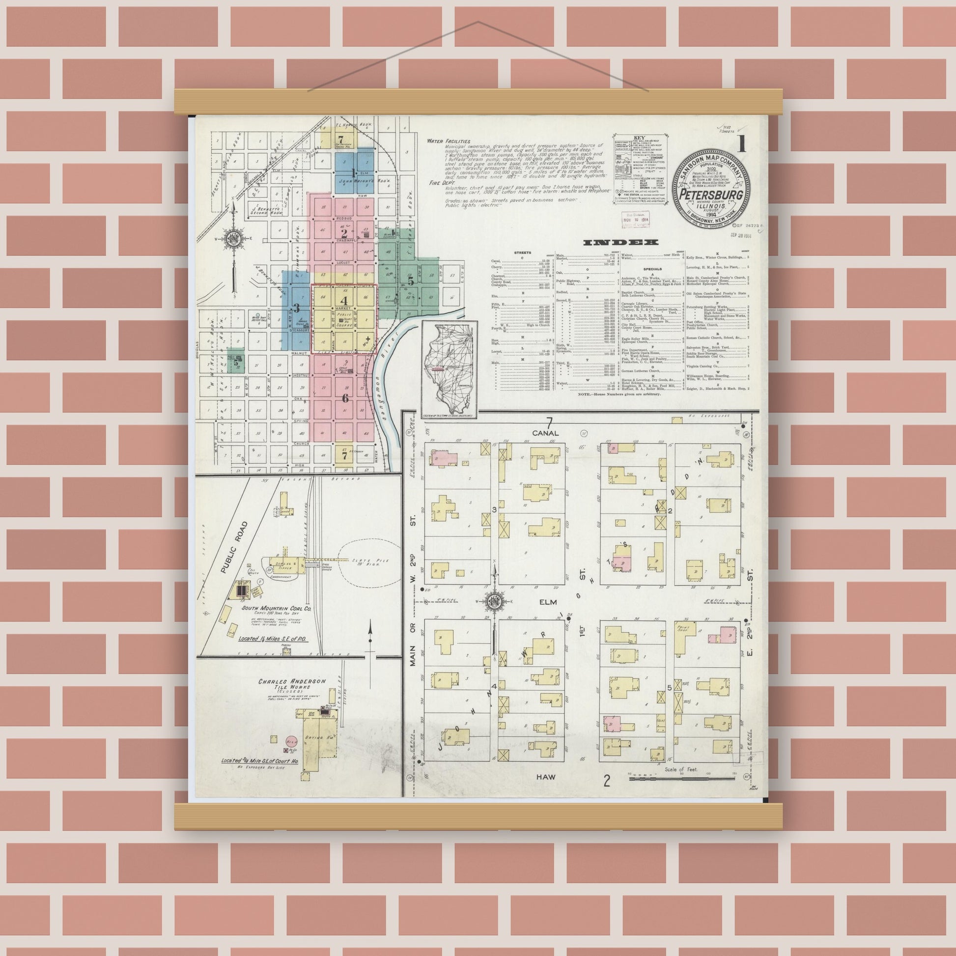 Old map wall art mockup — magnetic wood frame on brick wall — Sanborn Fire Insurance Map from Petersburg, Menard County, Illinois (1914) - Complete Map Set