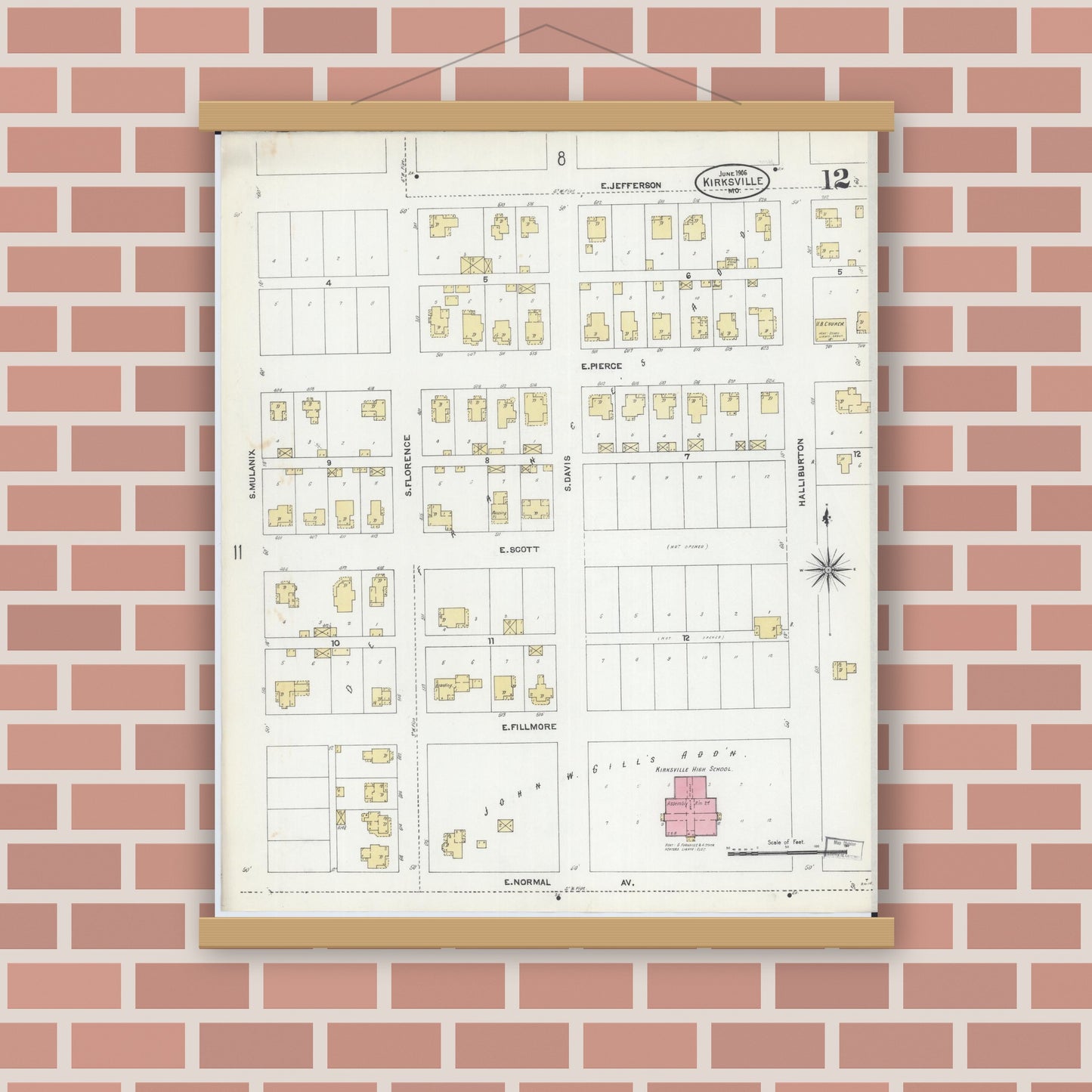 Old map wall art mockup — magnetic wood frame on brick wall — Sanborn Fire Insurance Map from Kirksville, Adair County, Missouri (1906), Sheet #0012