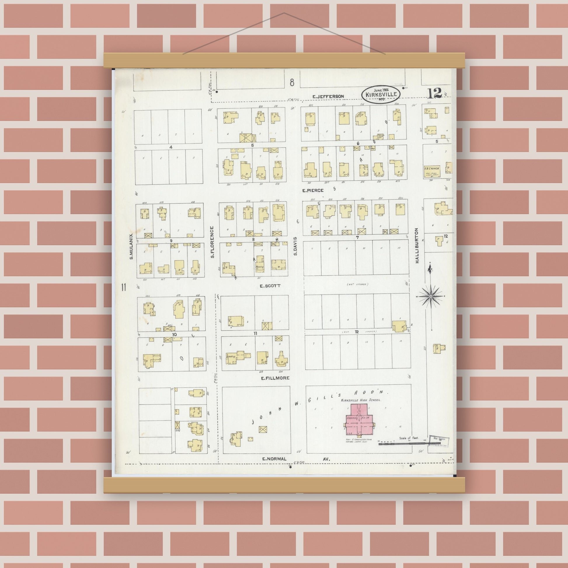 Old map wall art mockup — magnetic wood frame on brick wall — Sanborn Fire Insurance Map from Kirksville, Adair County, Missouri (1906), Sheet #0012