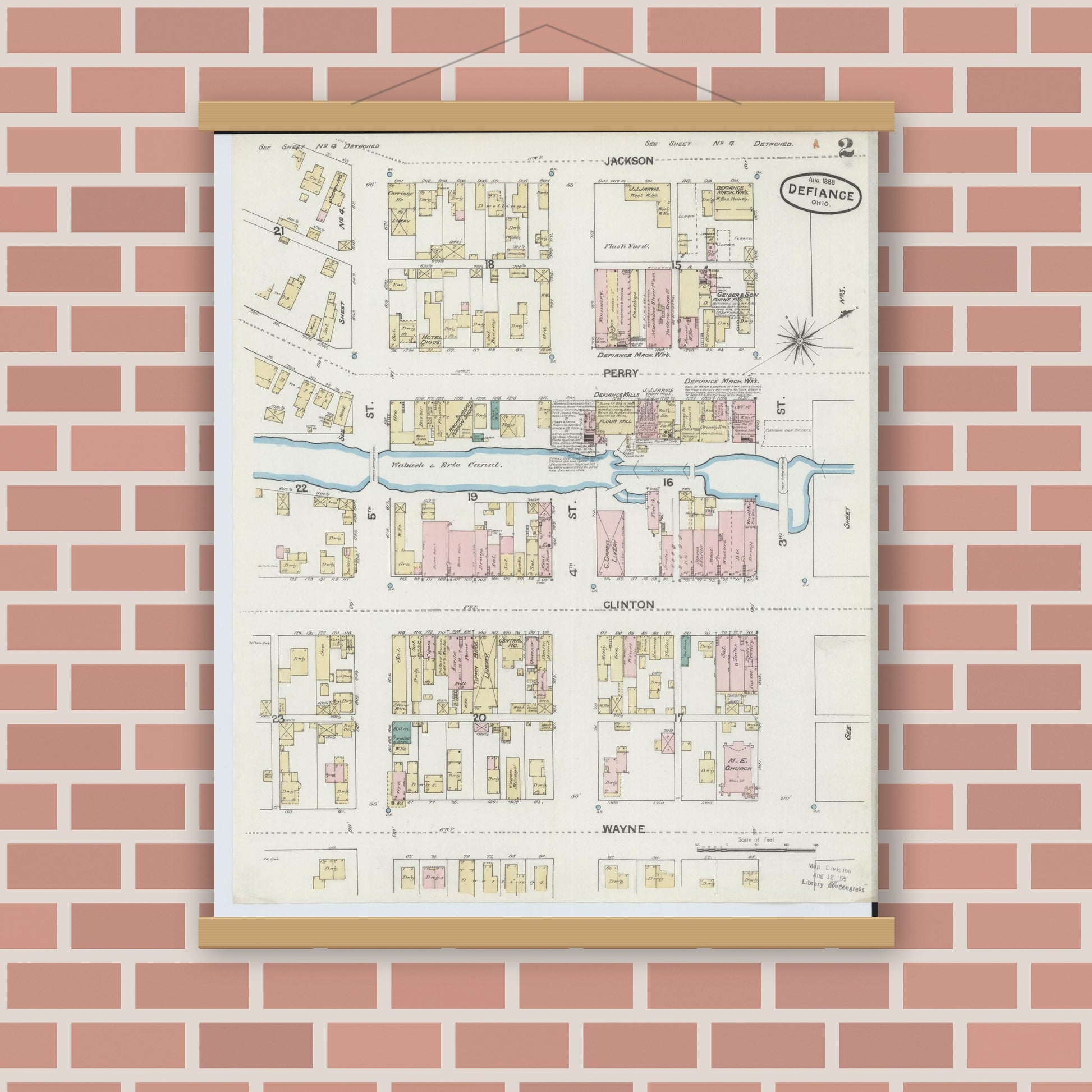 Old map wall art mockup — magnetic wood frame on brick wall — Sanborn Fire Insurance Map from Defiance, Defiance County, Ohio (1888), Sheet #0002