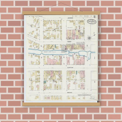 Old map wall art mockup — magnetic wood frame on brick wall — Sanborn Fire Insurance Map from Defiance, Defiance County, Ohio (1888), Sheet #0002