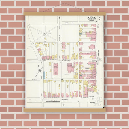 Old map wall art mockup — magnetic wood frame on brick wall — Sanborn Fire Insurance Map from Hanover, York County, Pennsylvania (1909), Sheet #0007