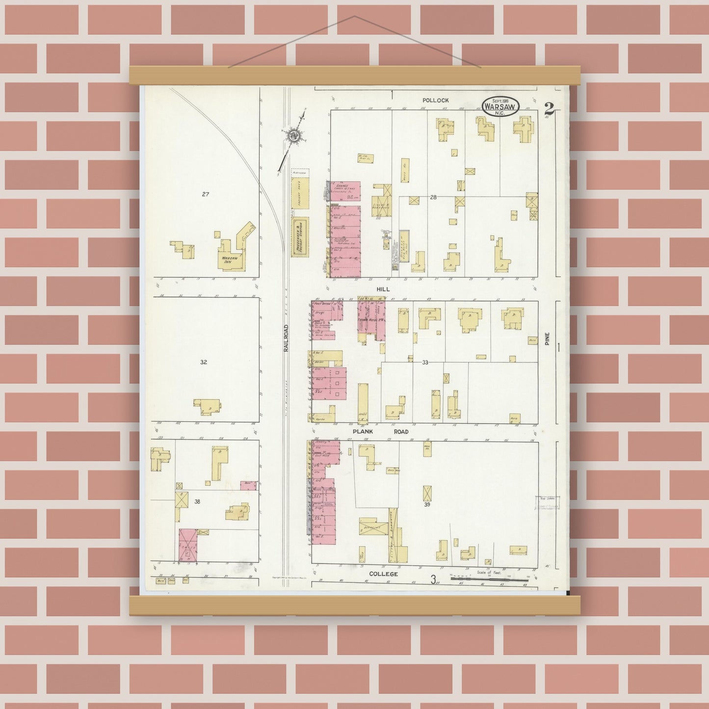 Old map wall art mockup — magnetic wood frame on brick wall — Sanborn Fire Insurance Map from Warsaw, Duplin County, North Carolina (1916), Sheet #0002