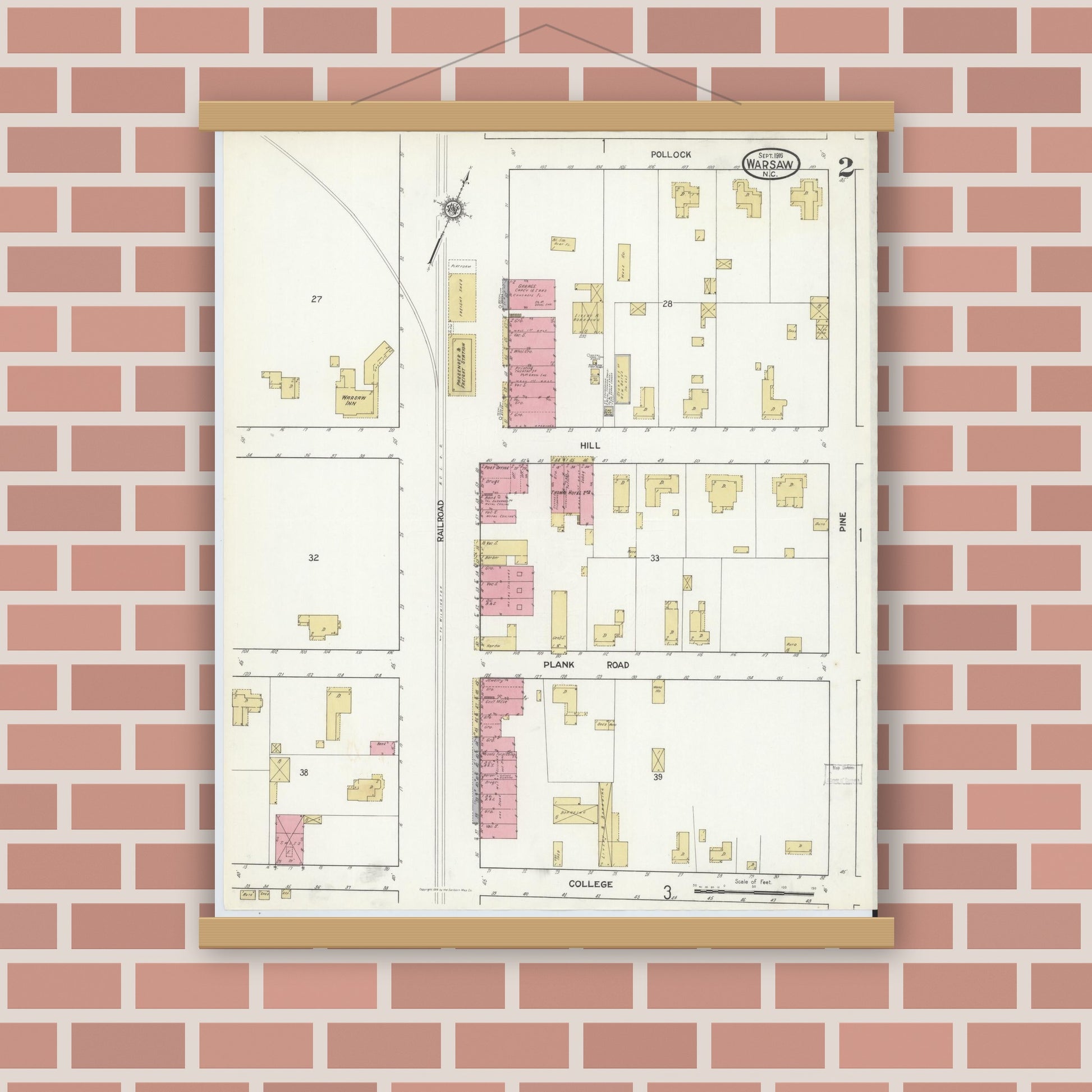 Old map wall art mockup — magnetic wood frame on brick wall — Sanborn Fire Insurance Map from Warsaw, Duplin County, North Carolina (1916), Sheet #0002