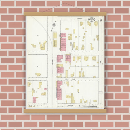Old map wall art mockup — magnetic wood frame on brick wall — Sanborn Fire Insurance Map from Warsaw, Duplin County, North Carolina (1916), Sheet #0002