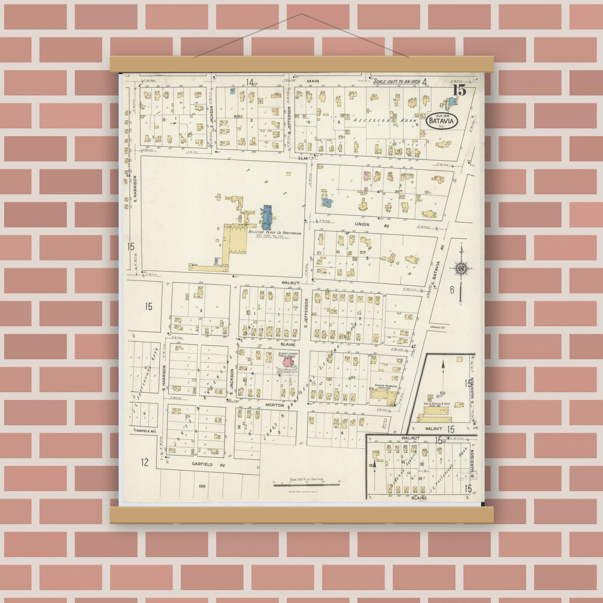 Old map wall art mockup — magnetic wood frame on brick wall — Sanborn Fire Insurance Map from Batavia, Kane County, Illinois (1916), Sheet #0015