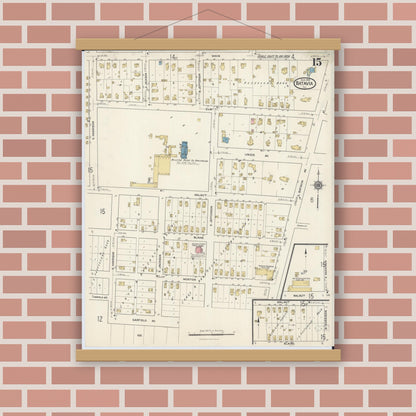 Old map wall art mockup — magnetic wood frame on brick wall — Sanborn Fire Insurance Map from Batavia, Kane County, Illinois (1916), Sheet #0015