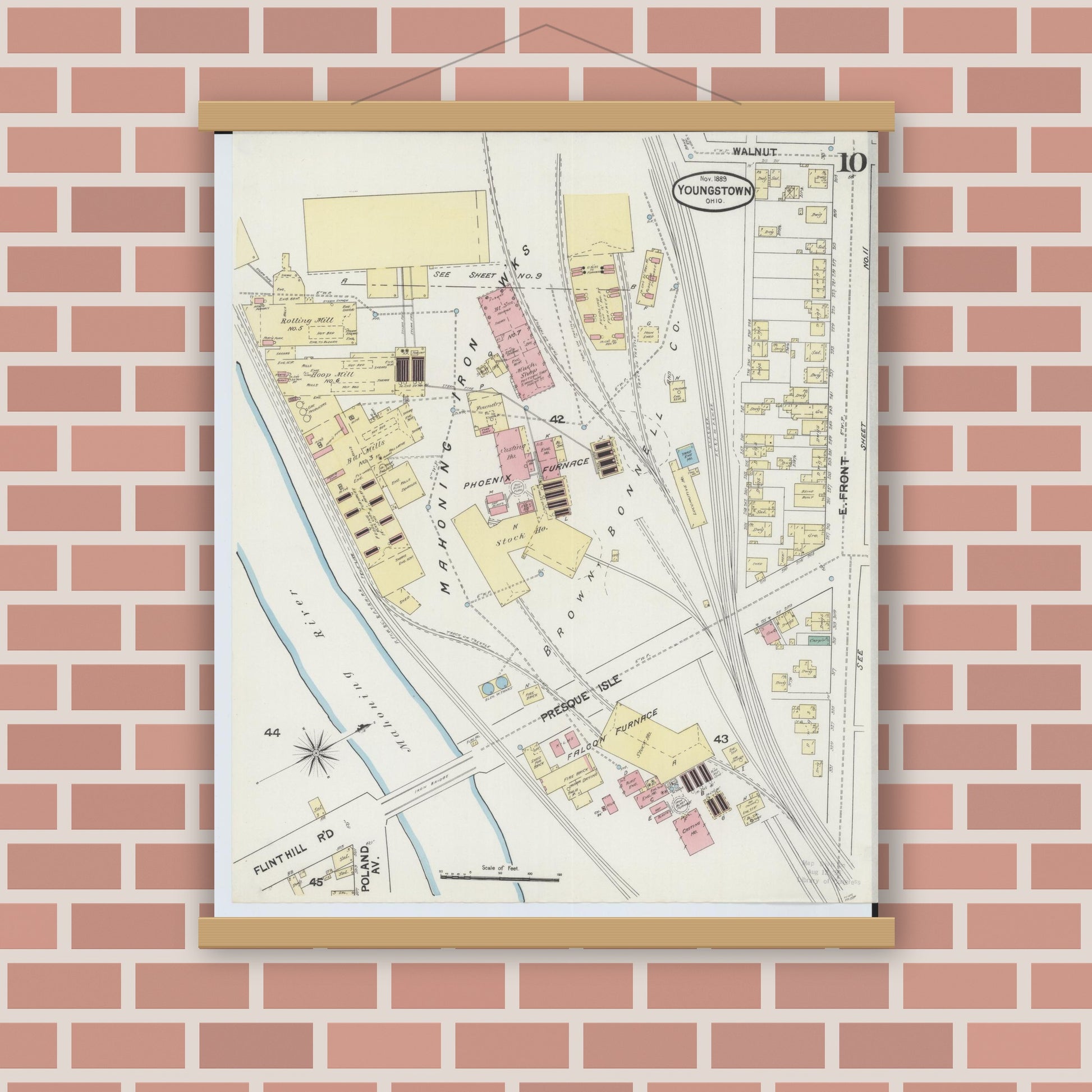 Old map wall art mockup — magnetic wood frame on brick wall — Sanborn Fire Insurance Map from Youngstown, Mahoning County, Ohio (1889), Sheet #0010