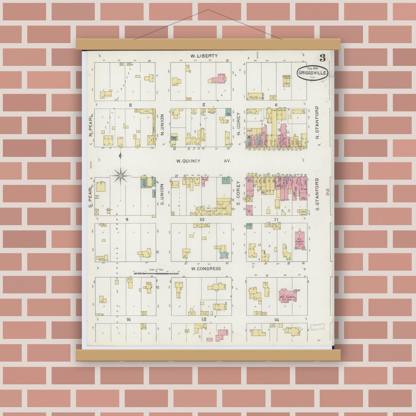 Old map wall art mockup — magnetic wood frame on brick wall — Sanborn Fire Insurance Map from Griggsville, Pike County, Illinois (1894), Sheet #0003