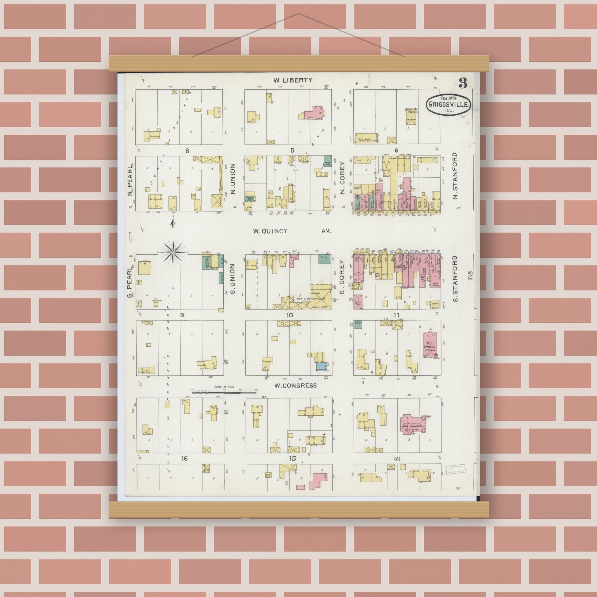 Old map wall art mockup — magnetic wood frame on brick wall — Sanborn Fire Insurance Map from Griggsville, Pike County, Illinois (1894), Sheet #0003