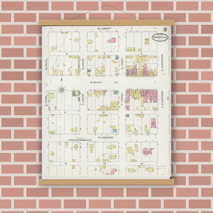 Old map wall art mockup — magnetic wood frame on brick wall — Sanborn Fire Insurance Map from Griggsville, Pike County, Illinois (1894), Sheet #0003
