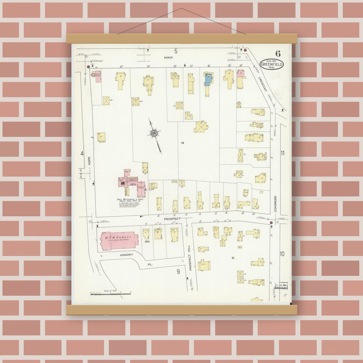 Old map wall art mockup — magnetic wood frame on brick wall — Sanborn Fire Insurance Map from Greenfield, Franklin County, Massachusetts (1914), Sheet #0006