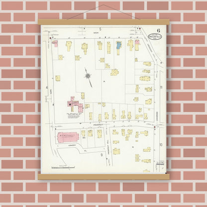 Old map wall art mockup — magnetic wood frame on brick wall — Sanborn Fire Insurance Map from Greenfield, Franklin County, Massachusetts (1914), Sheet #0006