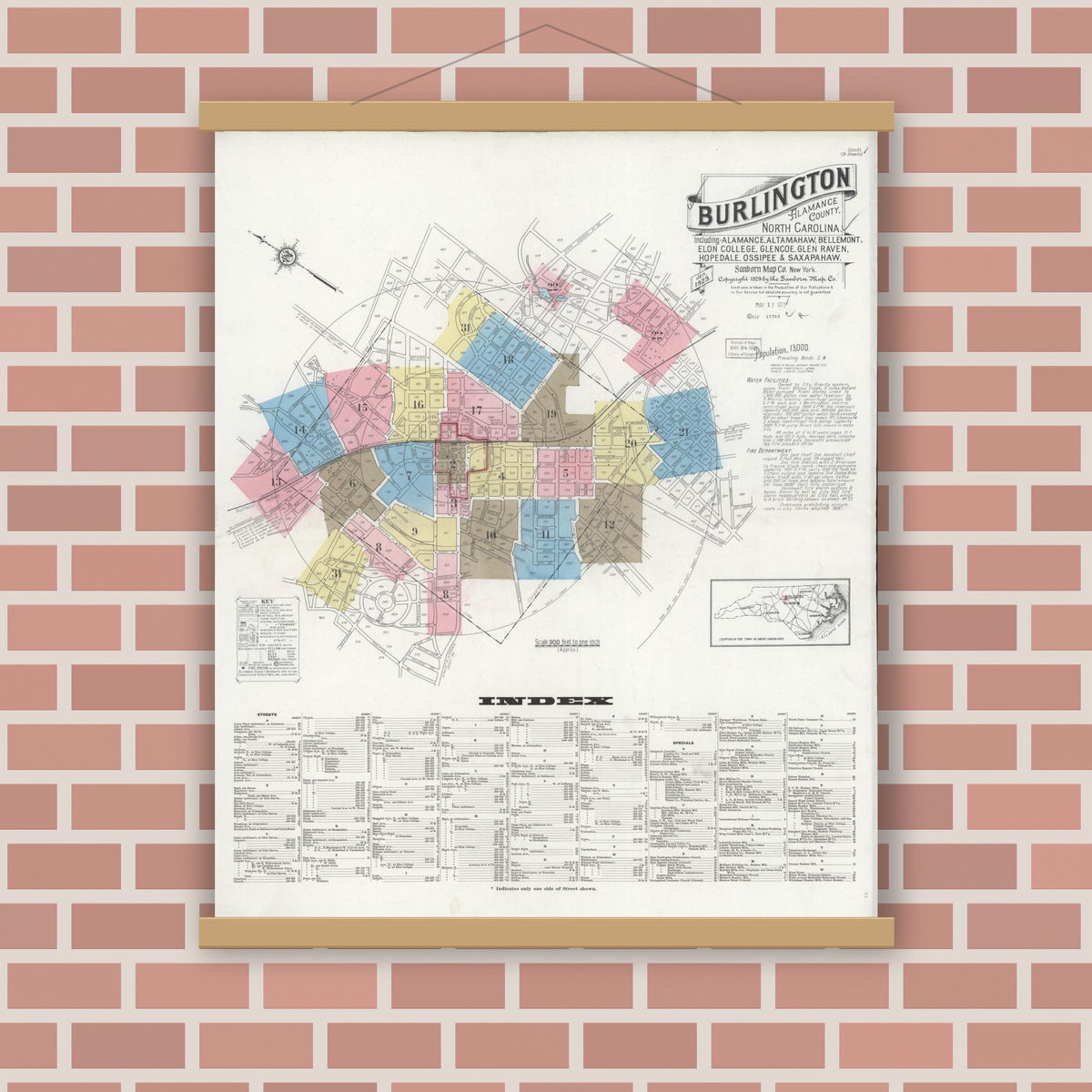 Old map wall art mockup — magnetic wood frame on brick wall — Sanborn Fire Insurance Map from Burlington, Alamance County, North Carolina (1929) - Complete Map Set