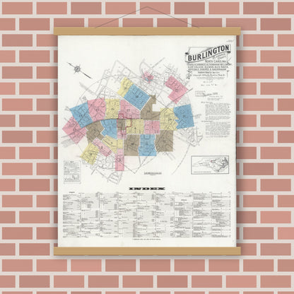 Old map wall art mockup — magnetic wood frame on brick wall — Sanborn Fire Insurance Map from Burlington, Alamance County, North Carolina (1929) - Complete Map Set
