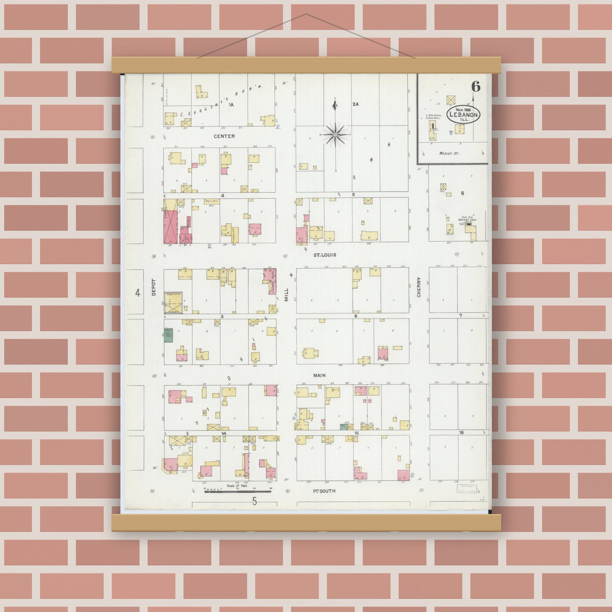 Old map wall art mockup — magnetic wood frame on brick wall — Sanborn Fire Insurance Map from Lebanon, Saint Clair County, Illinois (1906), Sheet #0006