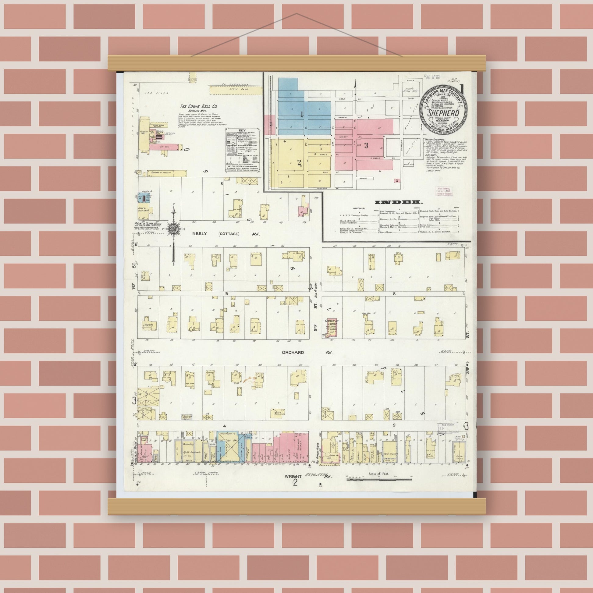 Old map wall art mockup — magnetic wood frame on brick wall — Sanborn Fire Insurance Map from Shepherd, Isabella County, Michigan (1910), Sheet #0001