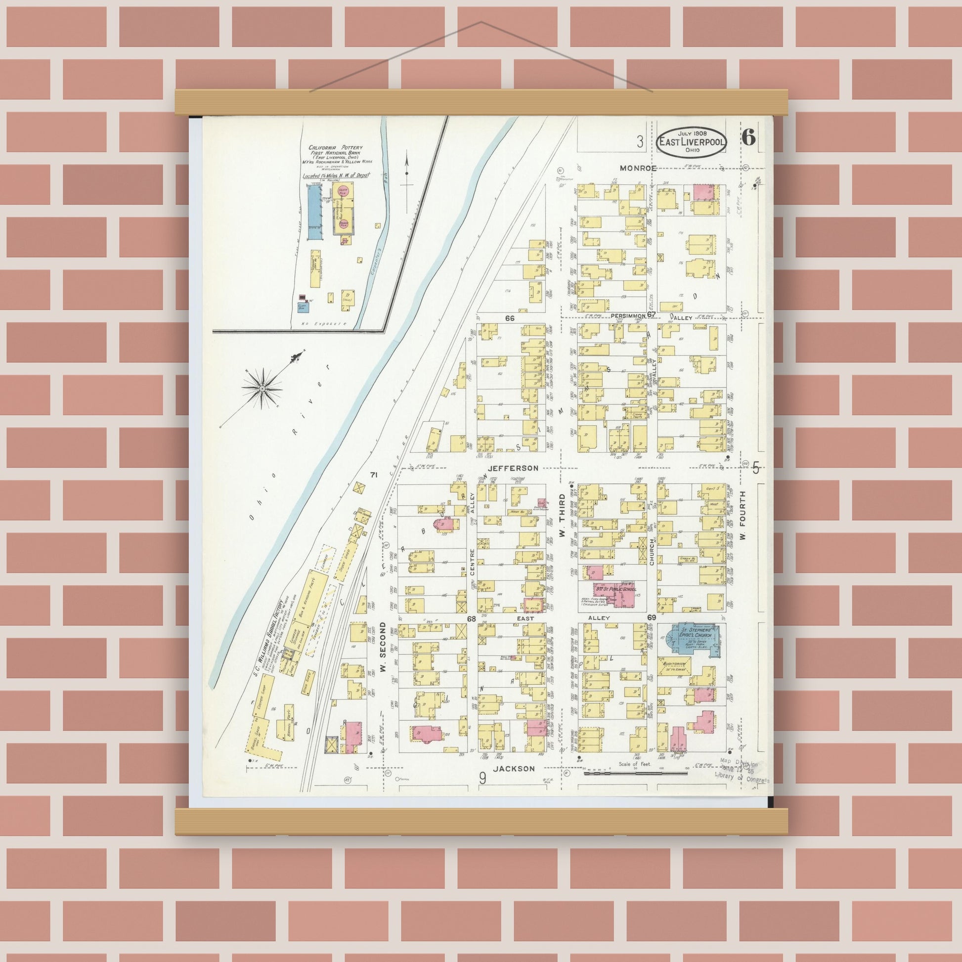 Old map wall art mockup — magnetic wood frame on brick wall — Sanborn Fire Insurance Map from East Liverpool, Columbiana County, Ohio (1908), Sheet #0006