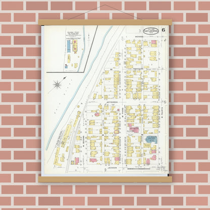 Old map wall art mockup — magnetic wood frame on brick wall — Sanborn Fire Insurance Map from East Liverpool, Columbiana County, Ohio (1908), Sheet #0006