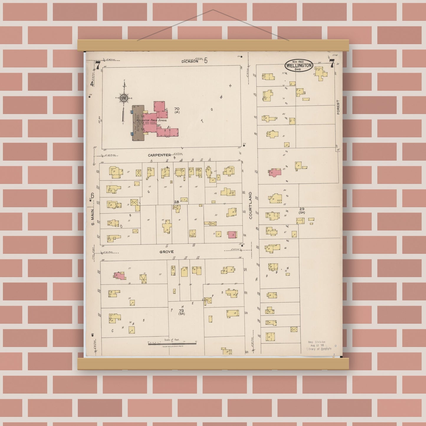 Old map wall art mockup — magnetic wood frame on brick wall — Sanborn Fire Insurance Map from Wellington, Lorain County, Ohio (1922), Sheet #0007