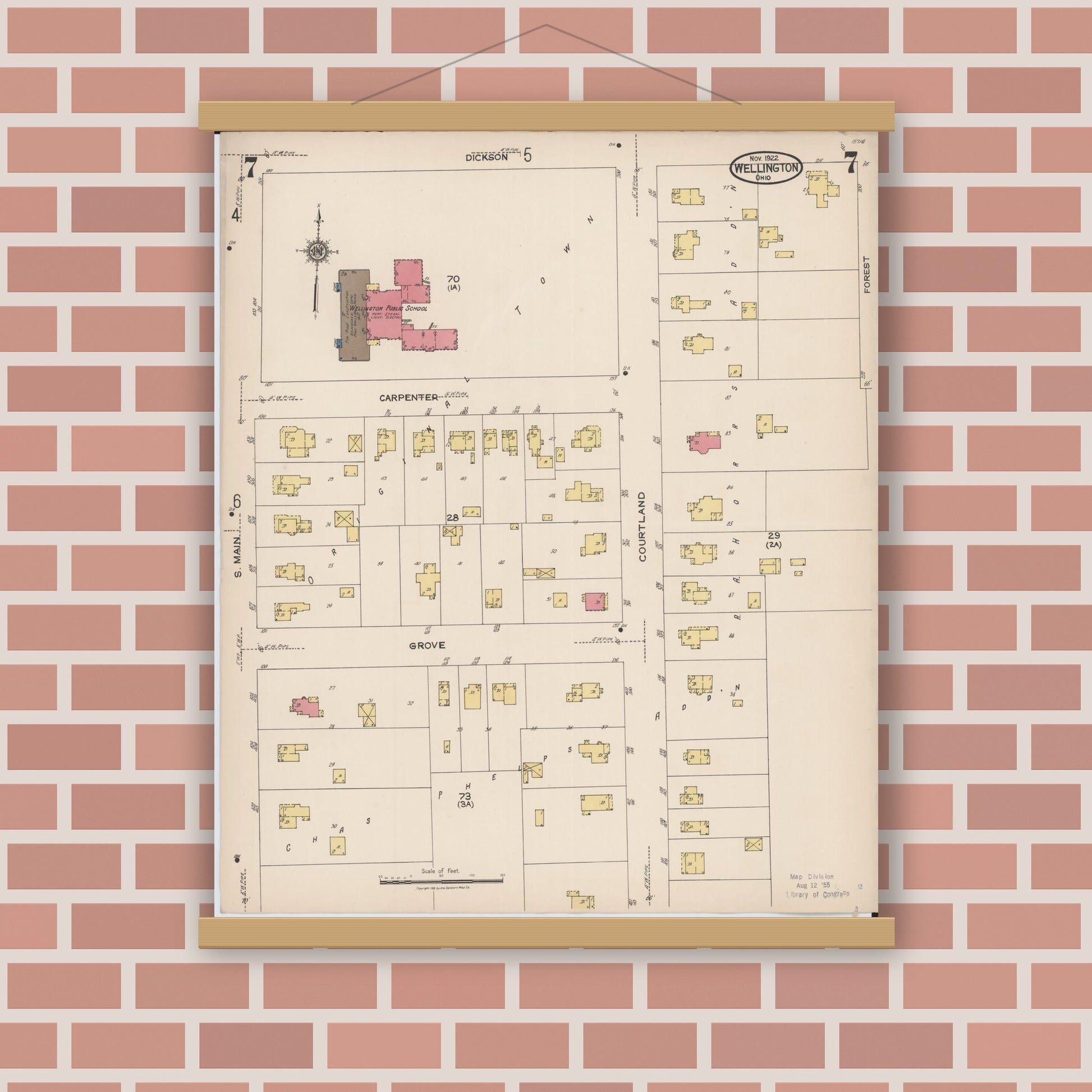 Old map wall art mockup — magnetic wood frame on brick wall — Sanborn Fire Insurance Map from Wellington, Lorain County, Ohio (1922), Sheet #0007