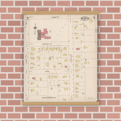 Old map wall art mockup — magnetic wood frame on brick wall — Sanborn Fire Insurance Map from Wellington, Lorain County, Ohio (1922), Sheet #0007