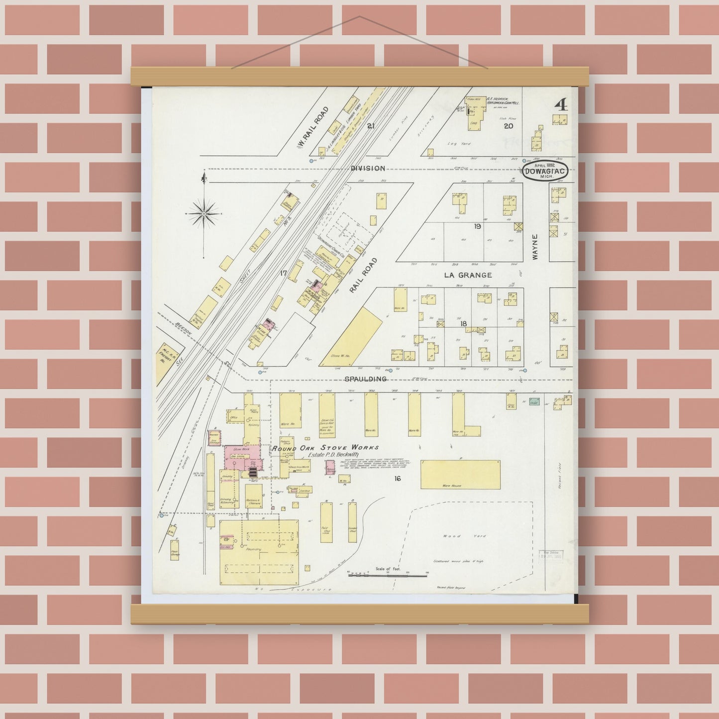 Old map wall art mockup — magnetic wood frame on brick wall — Sanborn Fire Insurance Map from Dowagiac, Cass County, Michigan (1892), Sheet #0004