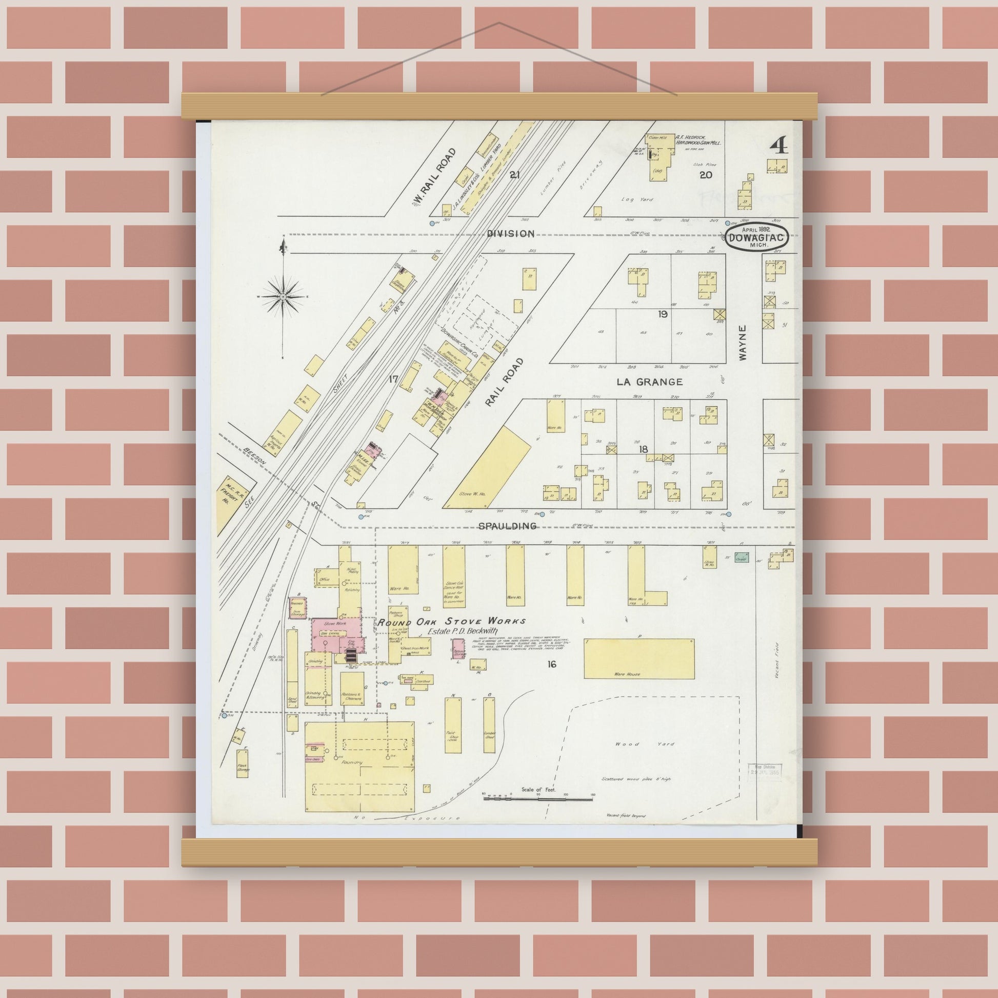 Old map wall art mockup — magnetic wood frame on brick wall — Sanborn Fire Insurance Map from Dowagiac, Cass County, Michigan (1892), Sheet #0004