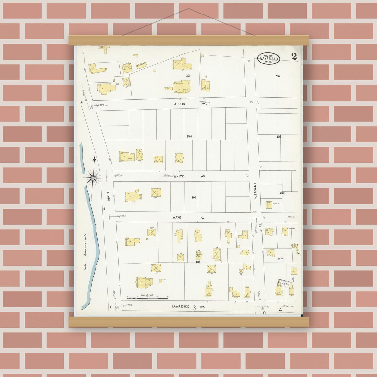 Old map wall art mockup — magnetic wood frame on brick wall — Sanborn Fire Insurance Map from Wakefield, Middlesex County, Massachusetts (1909), Sheet #0002