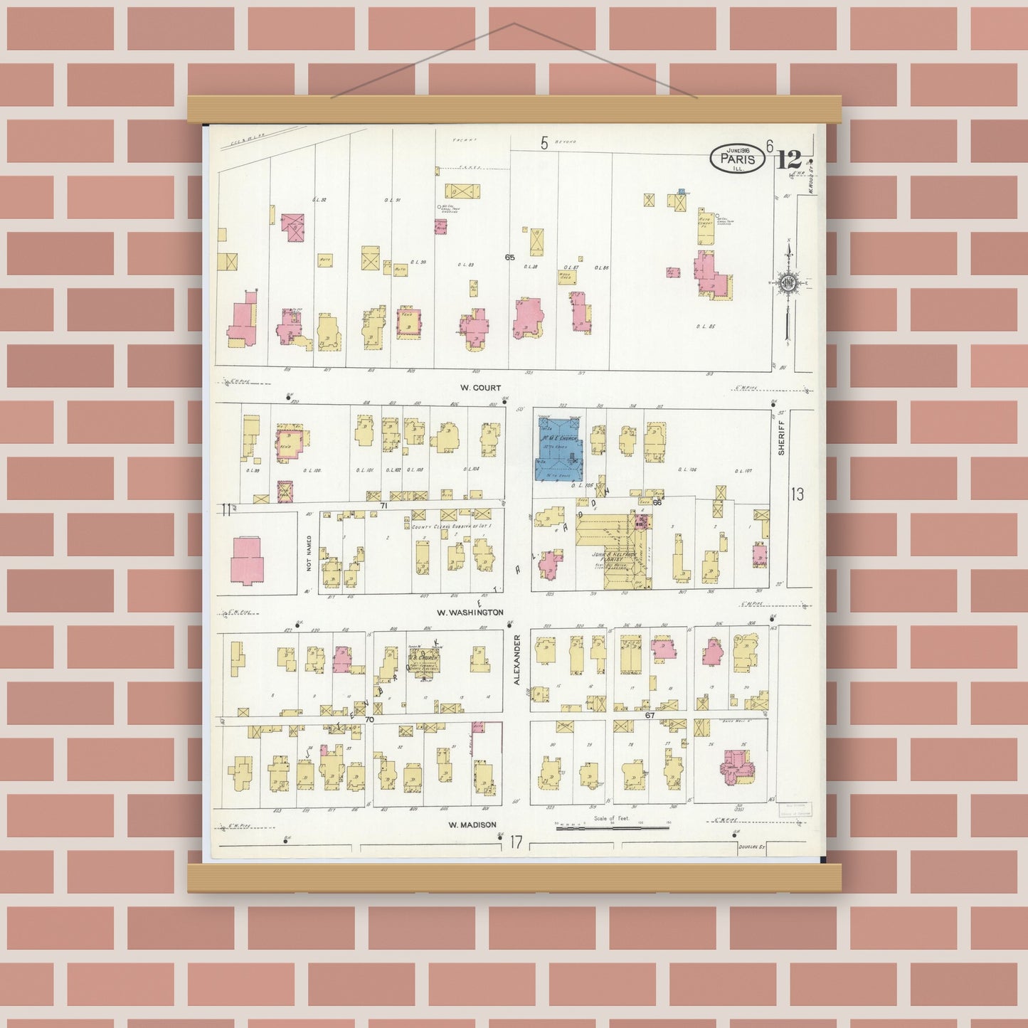 Old map wall art mockup — magnetic wood frame on brick wall — Sanborn Fire Insurance Map from Paris, Edgar County, Illinois (1916), Sheet #0012