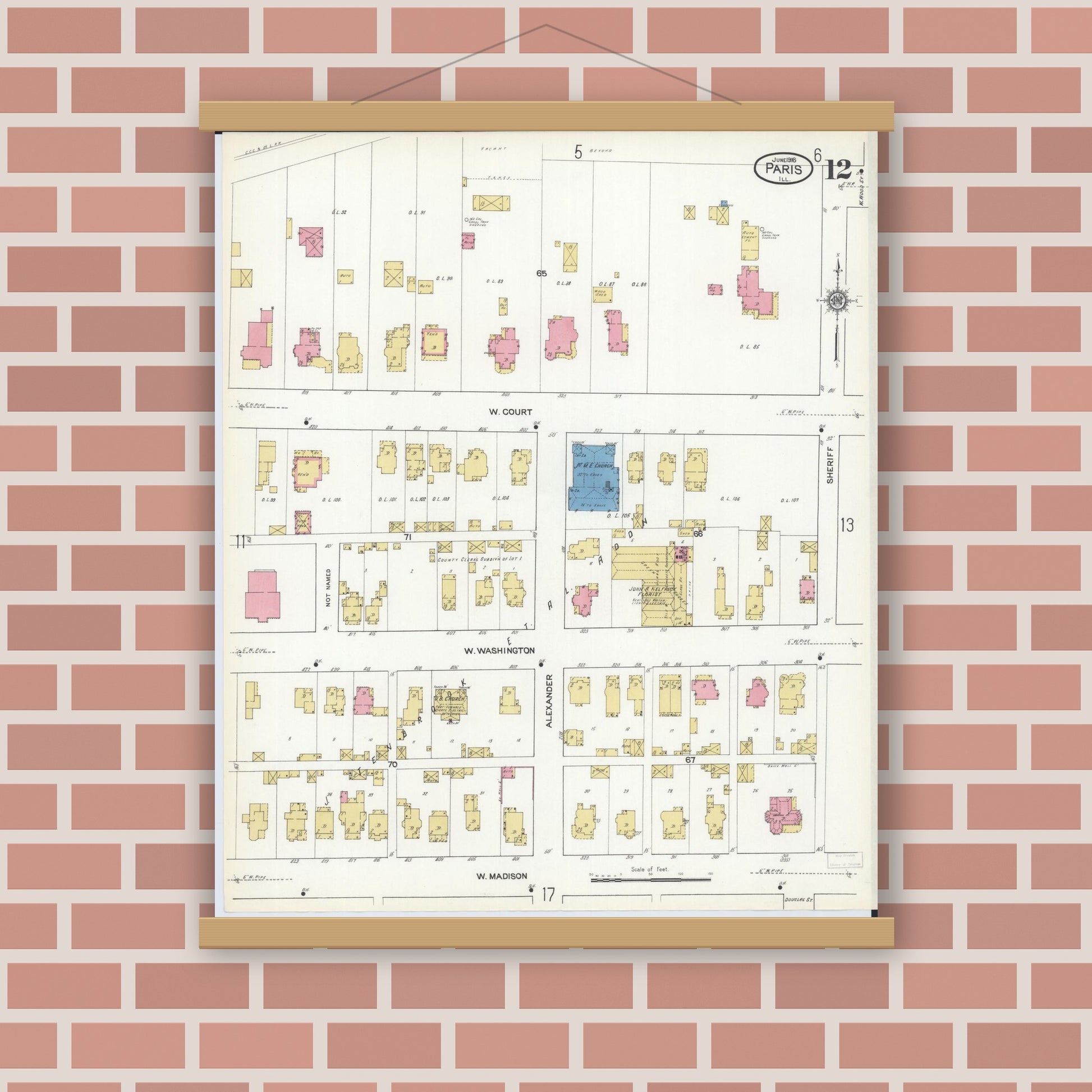 Old map wall art mockup — magnetic wood frame on brick wall — Sanborn Fire Insurance Map from Paris, Edgar County, Illinois (1916), Sheet #0012