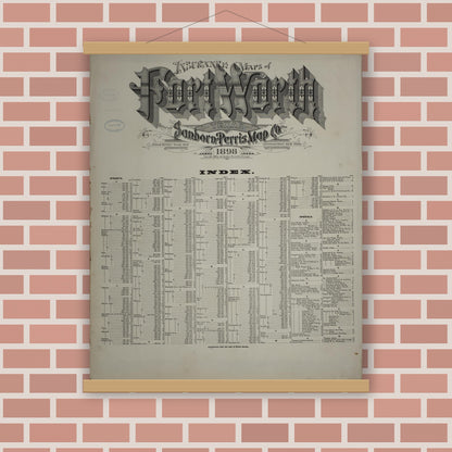 Old map wall art mockup — magnetic wood frame on brick wall — Sanborn Fire Insurance Map from Fort Worth, Tarrant County, Texas (1898), Sheet #0001