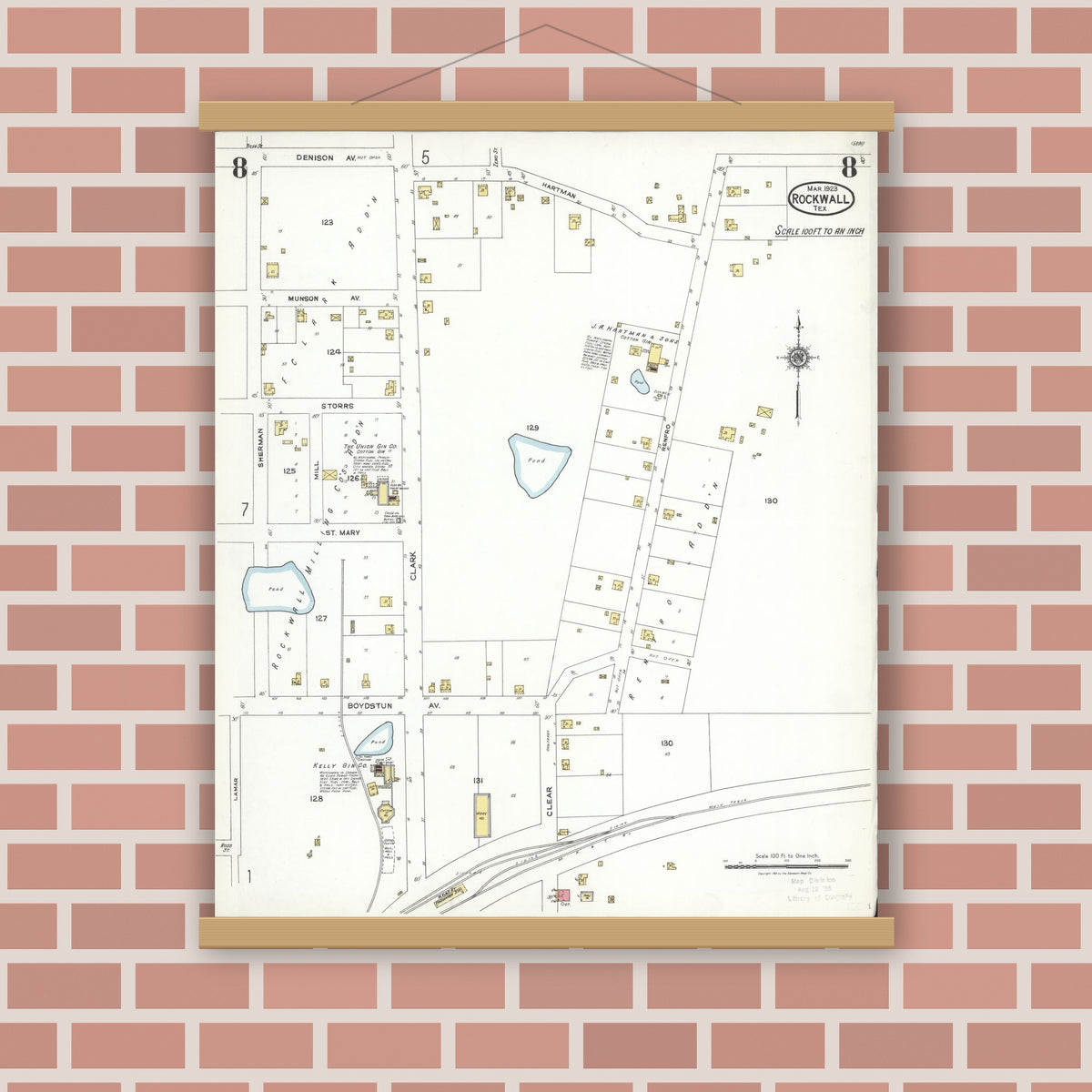 Old map wall art mockup — magnetic wood frame on brick wall — Sanborn Fire Insurance Map from Rockwall, Rockwall County, Texas (1923), Sheet #0008