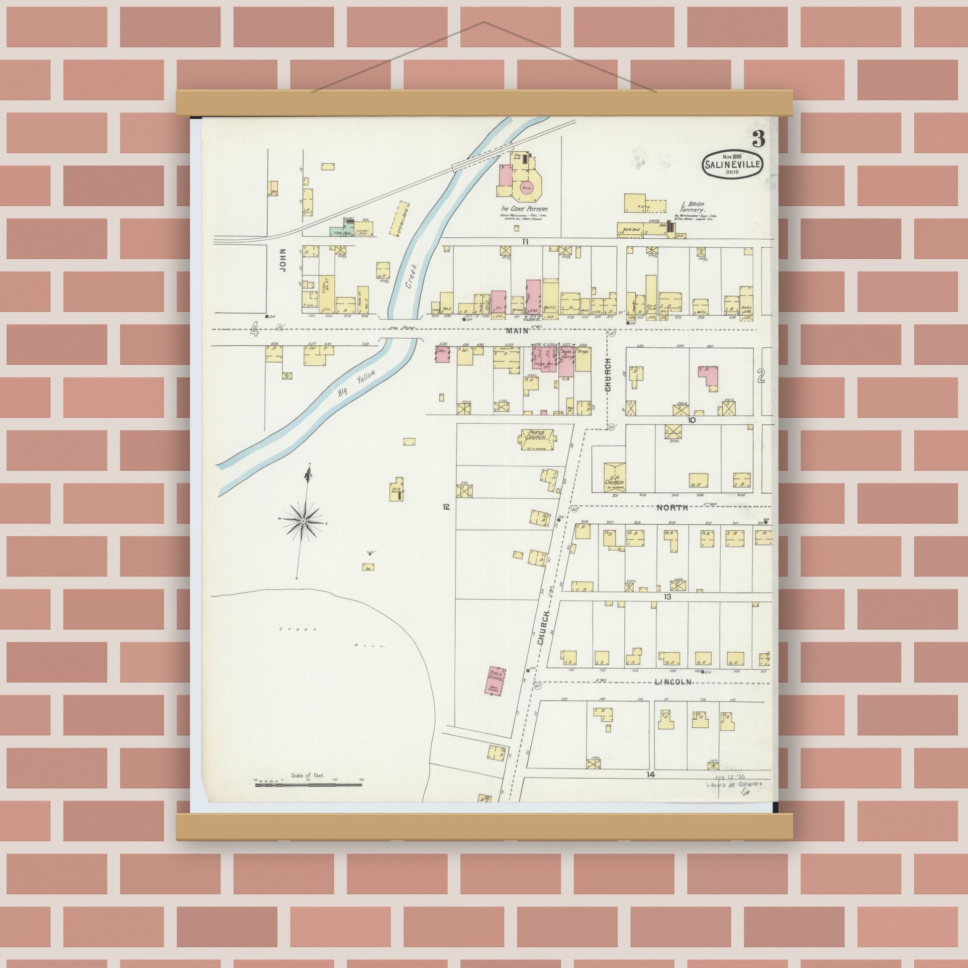 Old map wall art mockup — magnetic wood frame on brick wall — Sanborn Fire Insurance Map from Salineville, Columbiana County, Ohio (1895), Sheet #0003