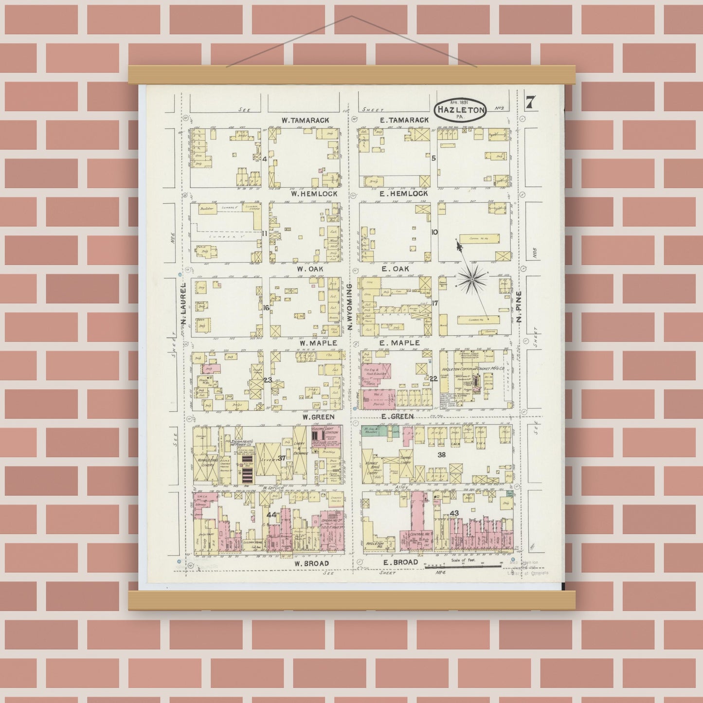 Old map wall art mockup — magnetic wood frame on brick wall — Sanborn Fire Insurance Map from Hazleton, Luzerne County, Pennsylvania (1891), Sheet #0007