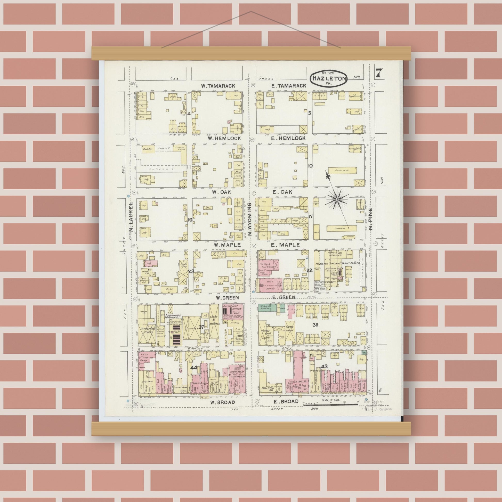Old map wall art mockup — magnetic wood frame on brick wall — Sanborn Fire Insurance Map from Hazleton, Luzerne County, Pennsylvania (1891), Sheet #0007