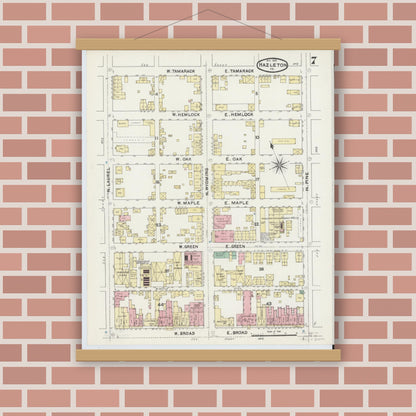 Old map wall art mockup — magnetic wood frame on brick wall — Sanborn Fire Insurance Map from Hazleton, Luzerne County, Pennsylvania (1891), Sheet #0007