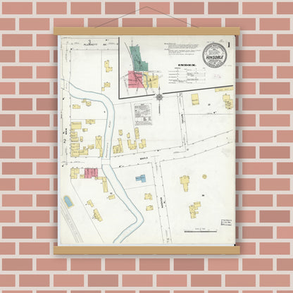 Old map wall art mockup — magnetic wood frame on brick wall — Sanborn Fire Insurance Map from Hinsdale, Berkshire County, Massachusetts (1911), Sheet #0001