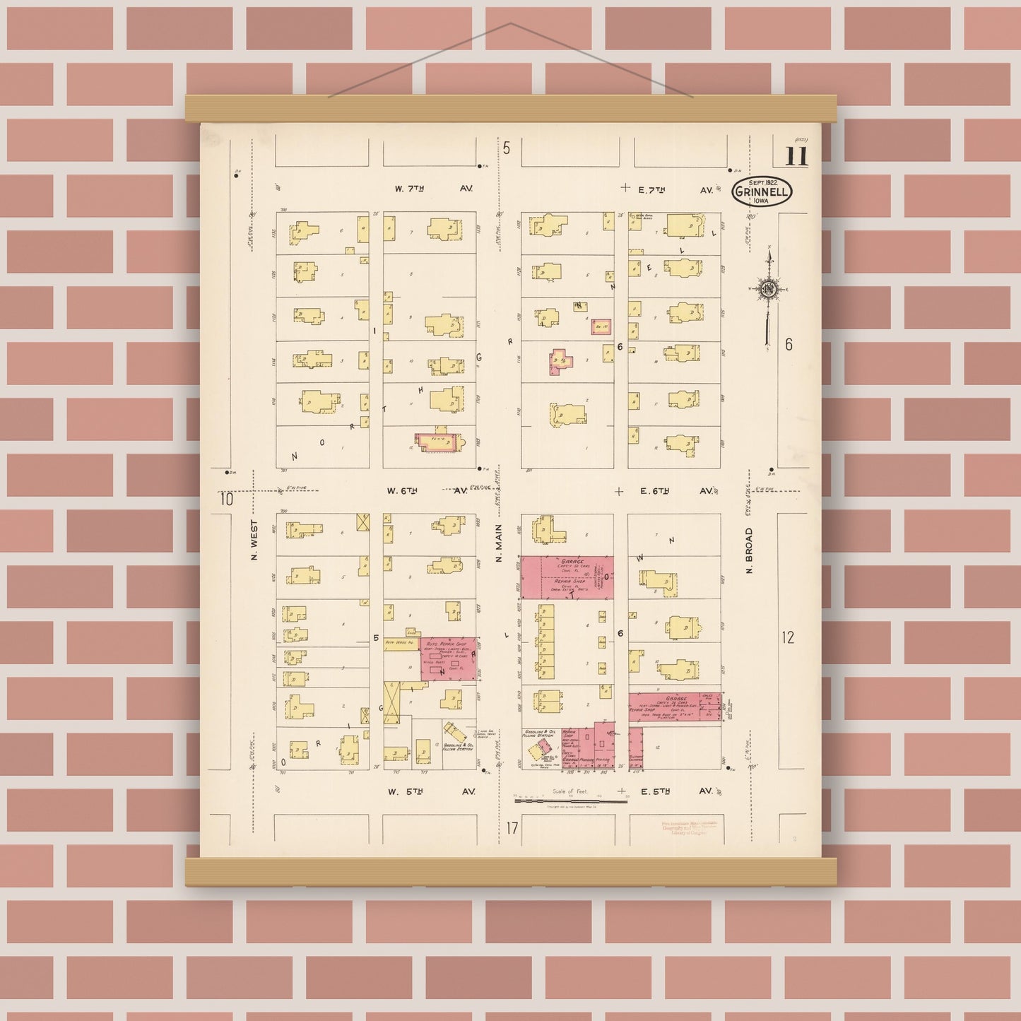 Old map wall art mockup — magnetic wood frame on brick wall — Sanborn Fire Insurance Map from Grinnell, Poweshiek County, Iowa (1922), Sheet #0011